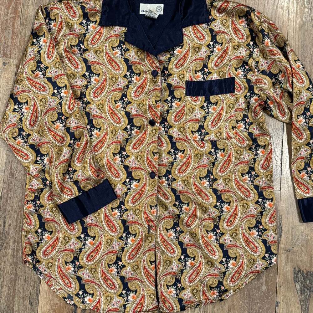 Vintage It's About Time Paisley Satin Pajama Top Shirt Blue Gold Small